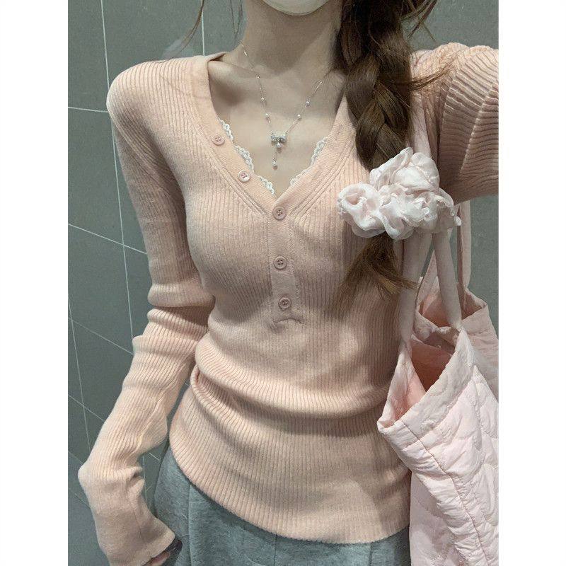 甜辣风深V针织上衣女秋冬纽扣半开领毛衣打底大码内搭开衫,淘宝优惠券,粉丝福利购,淘宝优惠卷