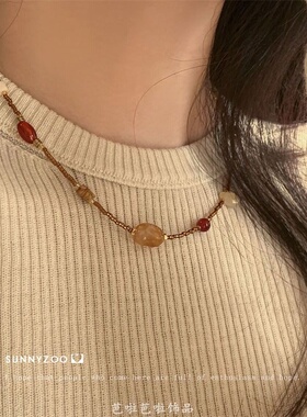 节日狂想 美拉德复古vintage天然石拼接串珠项链小众设计感锁骨链