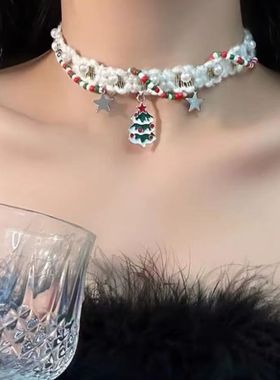 圣诞树串珠毛绒项链秋冬氛围感choker项圈小众高级感锁骨链毛衣链