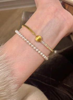 沙金镶锆石拉丝小金球手链女沙金