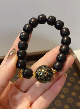 黑檀老型搭配满螺钿大漆单圈手串文玩精品手链男女款时尚饰品手饰
