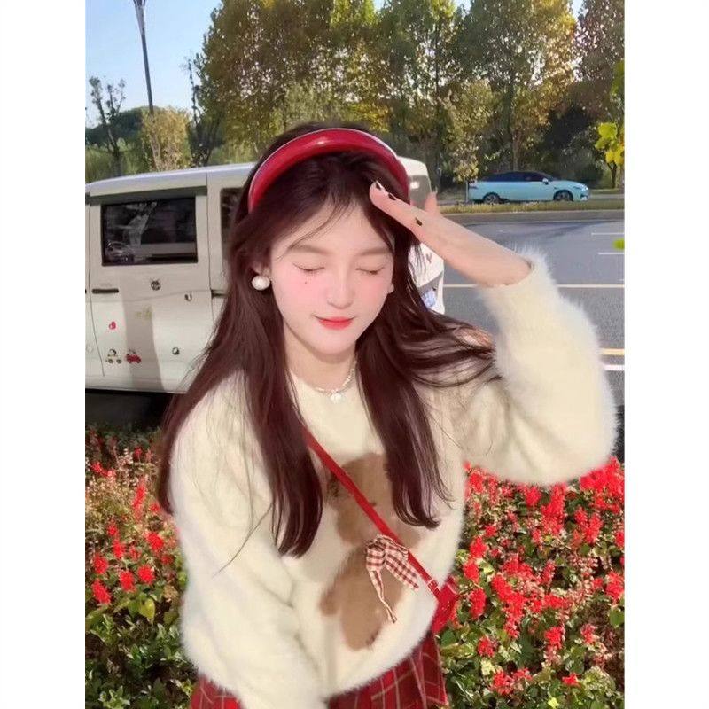 甜美马海毛小熊圆领毛衣女小个子套头加厚大码内搭针织衫秋冬上衣,淘宝优惠券,粉丝福利购,淘宝优惠卷