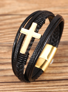 跨境热卖批发饰品不锈钢金色十字架男士手链多层编织跨境黑色手镯