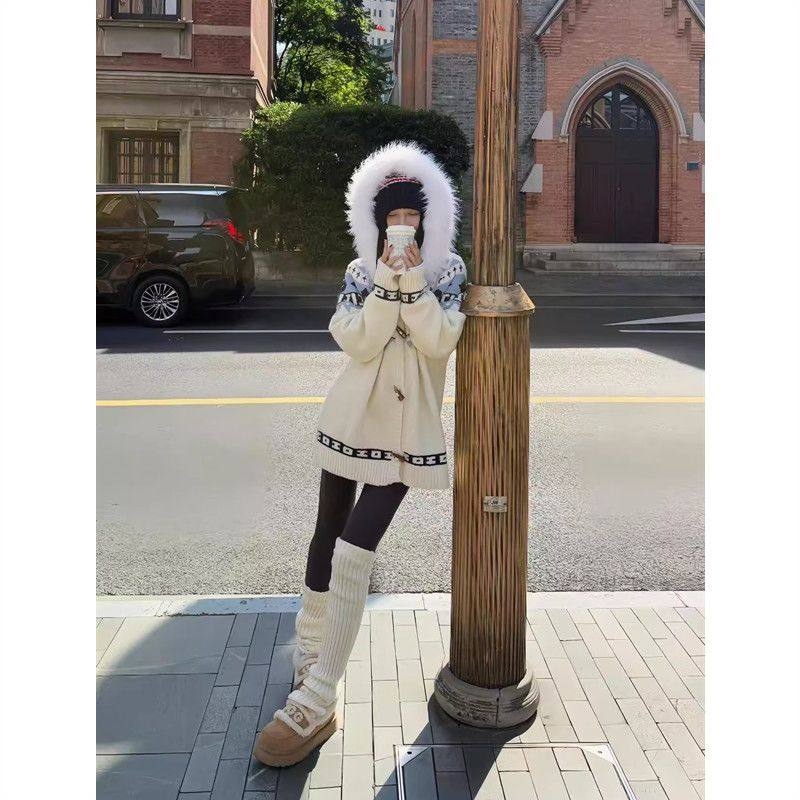 费尔岛大毛领连帽毛衣女秋冬季高级感宽松大码内搭针织开衫上衣,淘宝优惠券,粉丝福利购,淘宝优惠卷