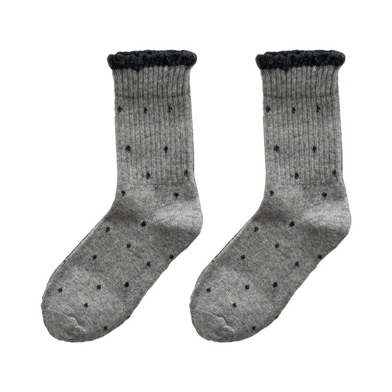 波点女士袜子女款秋冬新疆棉中筒袜加厚保暖灰色棉袜复古花边长袜,淘宝优惠券,粉丝福利购,淘宝优惠卷