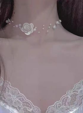 法式温柔玫瑰花绑带项链