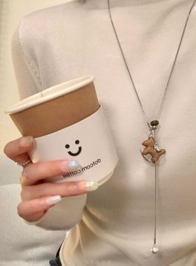 闪锆咖色木马吊坠可抽拉项链女小众设计长款颈链高级感毛衣链配饰