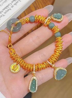 新中式复古金色盘缠翡绿色葫芦平安扣手链女小众高级国风送礼物