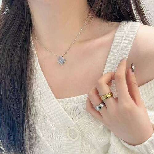 新款高定品质闭眼入18k白金天然紫玉髓四叶草项链五花手链不掉色 - 图0