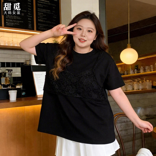 甜觅特大码女装夏装胖mm300斤胖妹妹假两件显瘦蕾丝马甲+短袖T恤 - 图0