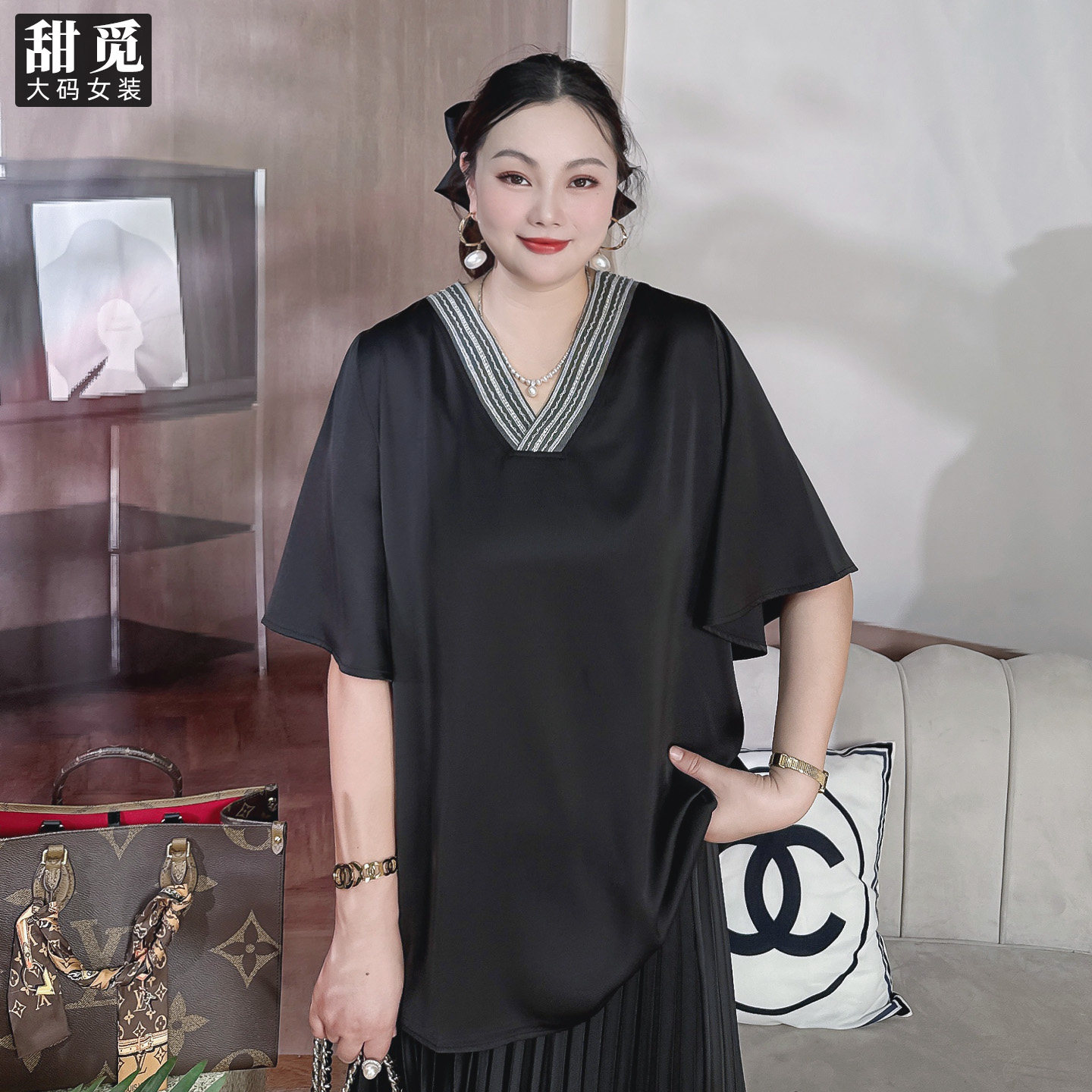 甜觅特大码女装2025夏季胖mm300斤重工钉钻钉珠中长款V领雪纺衫DF,淘宝优惠券,粉丝福利购,淘宝优惠卷