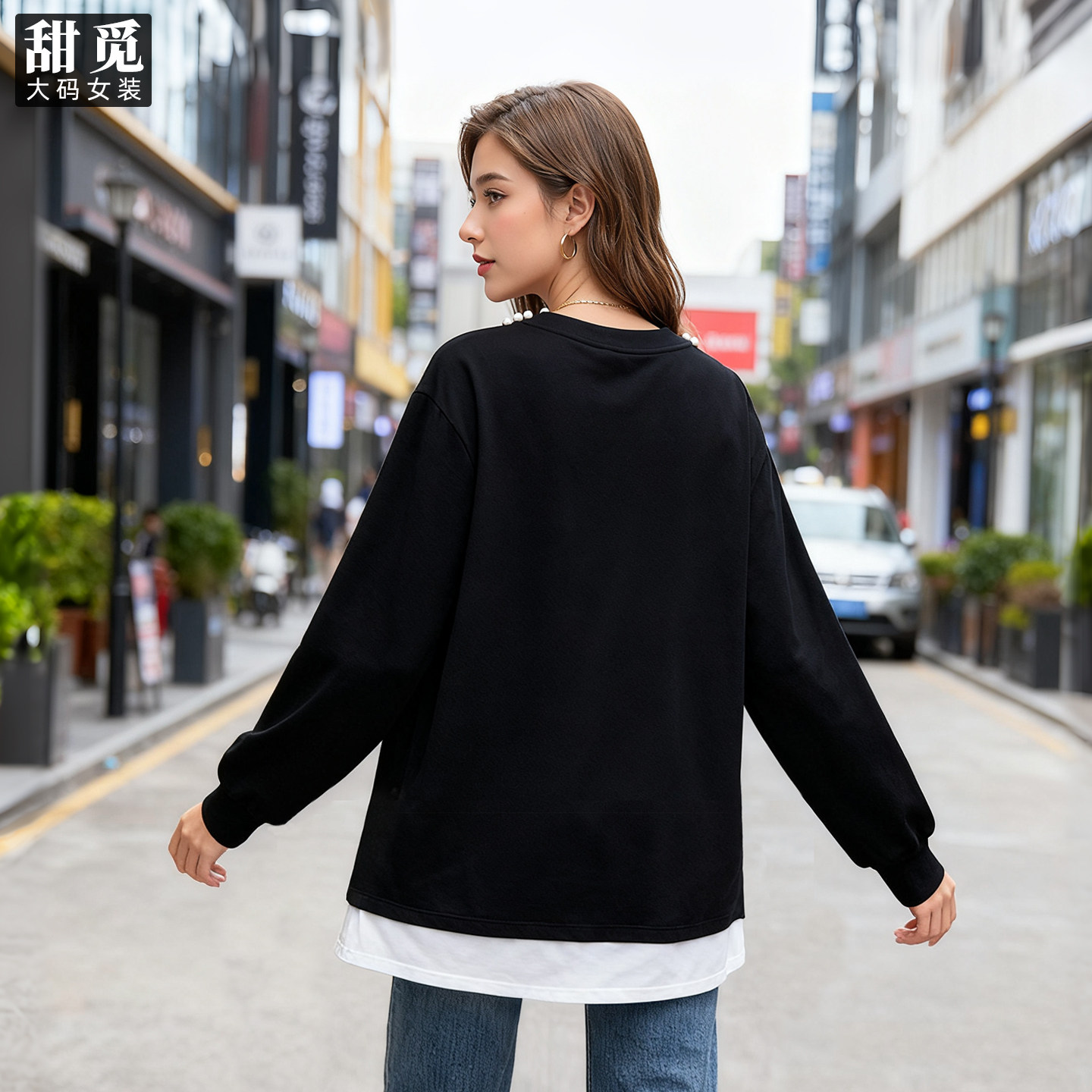 甜觅特大码女装2025秋装胖mm300斤重工钉珠侧开衩中长款宽松卫衣,淘宝优惠券,粉丝福利购,淘宝优惠卷