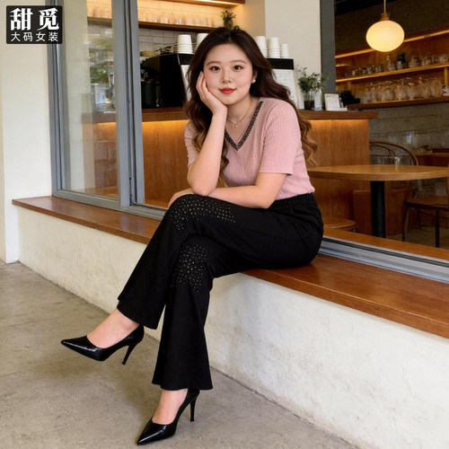 甜觅特大码女装春装胖mm加肥加大码胖妹妹精致烫钻弹力长裤微喇裤 - 图2