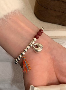 新款s925镀银银原创设计好运连连财神爷手串银珠朱砂手链饰品