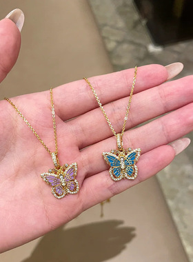 秋冬百搭古法花丝镶钻珐琅蝴蝶项链女不掉色轻奢小众感锁骨链