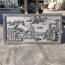 Stone Sculpture Relief Mural Painting Natural Green Stone Carving Landscape Scenery Pavilion Terrace penthouse Pine Pine Bridge Fishing Boat Bamboo newspapers Ping An