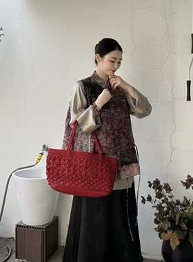 法式新款拉菲草纯手工编织包草编包手提单肩托特包洋气度假草编包