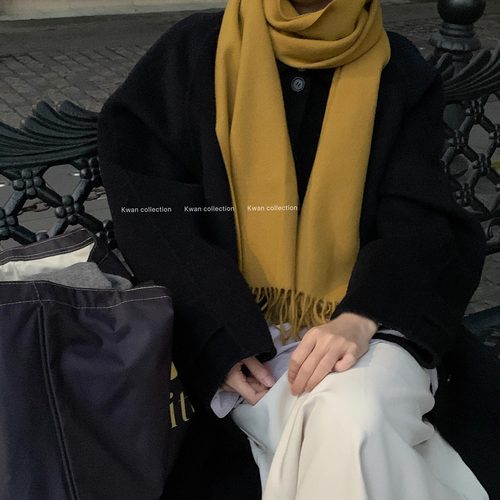 KWAN韩国ins芥末黄纯羊毛围巾女秋冬高级感针织流苏围脖百搭披肩 - 图0