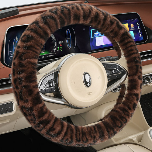 新款汽车方向盘套冬季短毛绒保护套女士防滑豹纹卡通汽车保暖把套 - 图2