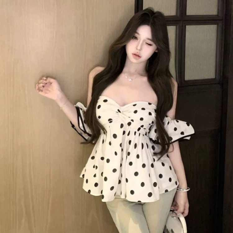 夏季纯欲风波点衬衫短袖t恤女一字肩设计感小众辣妹绝美性感上衣,淘宝优惠券,粉丝福利购,淘宝优惠卷