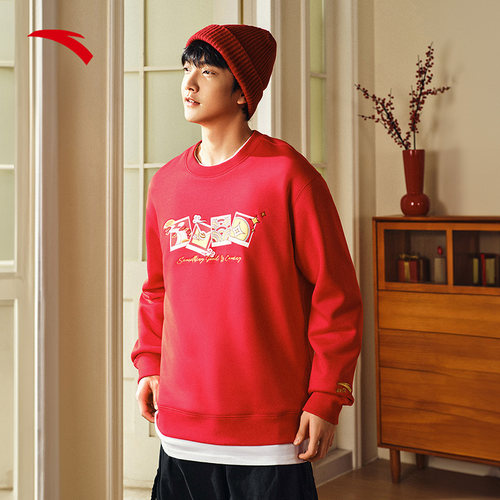 安踏好事发生丨新年红色套头卫衣男女加绒休闲印花上衣马年本命年 - 图0