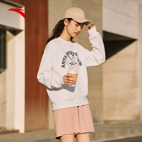 安踏印花套头卫衣女夏季磨毛保暖百搭休闲运动上衣162518703S - 图0