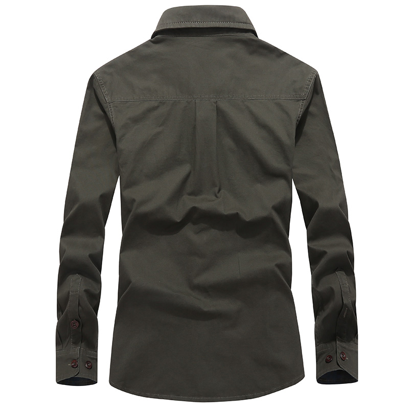 秋季男装长袖衬衫纯棉大码宽松纯色衬衣青年休闲工装户外军装衬衫 - 图0