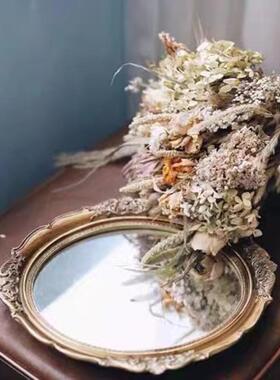 欧式复古古铜雕花镜子梳妆化妆镜墙面装饰壁挂托盘收纳摆件道具