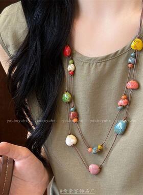 2026民族风复古平安扣吊坠陶瓷项链女新爆款高级感时尚百搭毛衣链