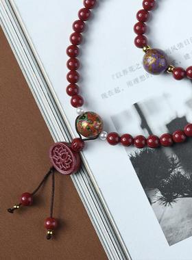 2026朱砂6mm女式手链小叶紫檀镶嵌银回纹配大漆国风手链饰品厂家