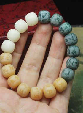 2026风化绿阴皮黄菩提桶珠手串刻六字言 菩提手链男女款文玩念珠