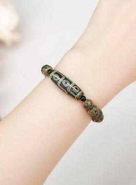 2026晶东珠宝 绿色九眼天珠长桶珠手链复古民族文玩单圈男女手饰