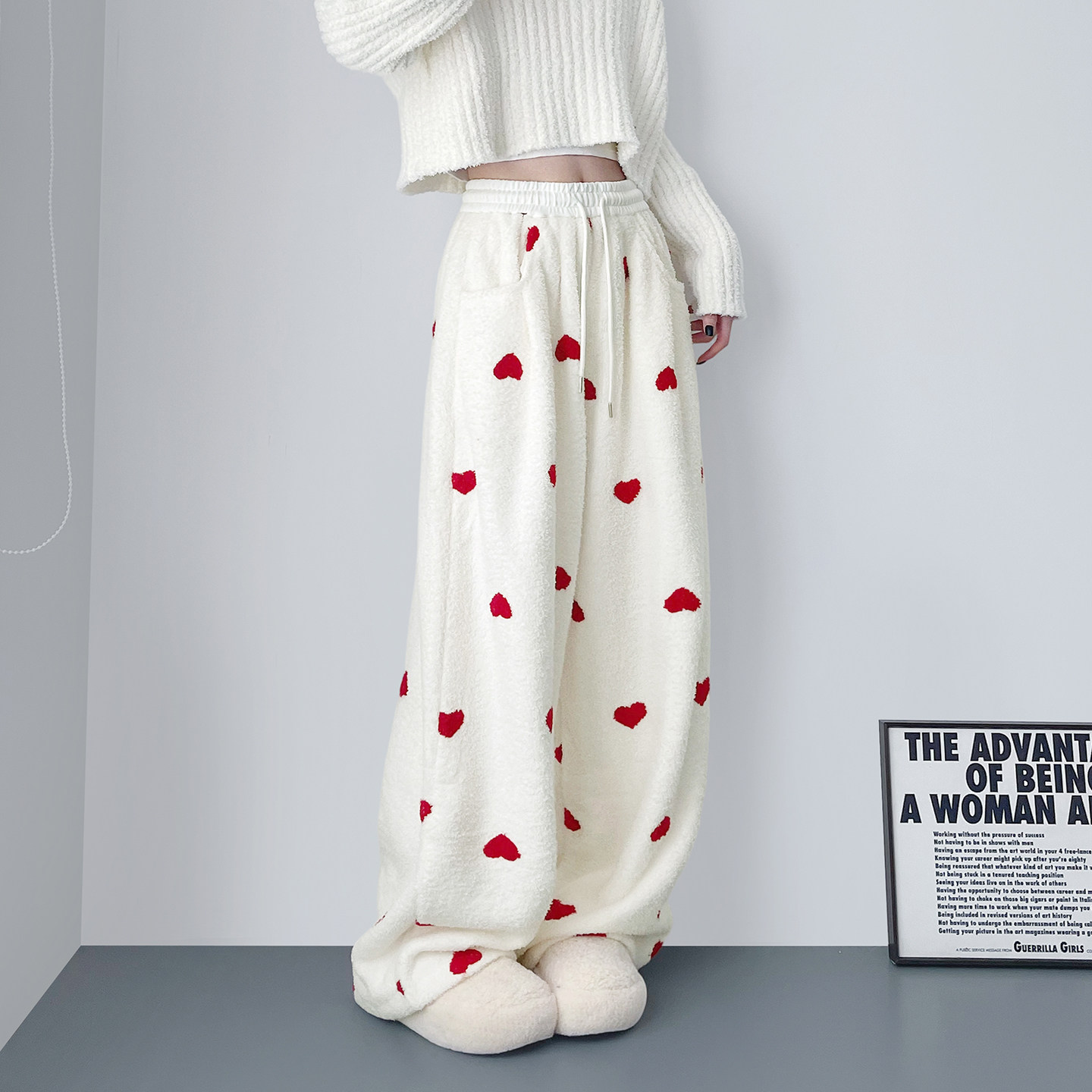 大码爱心印花羊羔毛软糯奶芙阔腿裤女冬季胖mm显瘦加绒保暖香蕉裤,淘宝优惠券,粉丝福利购,淘宝优惠卷