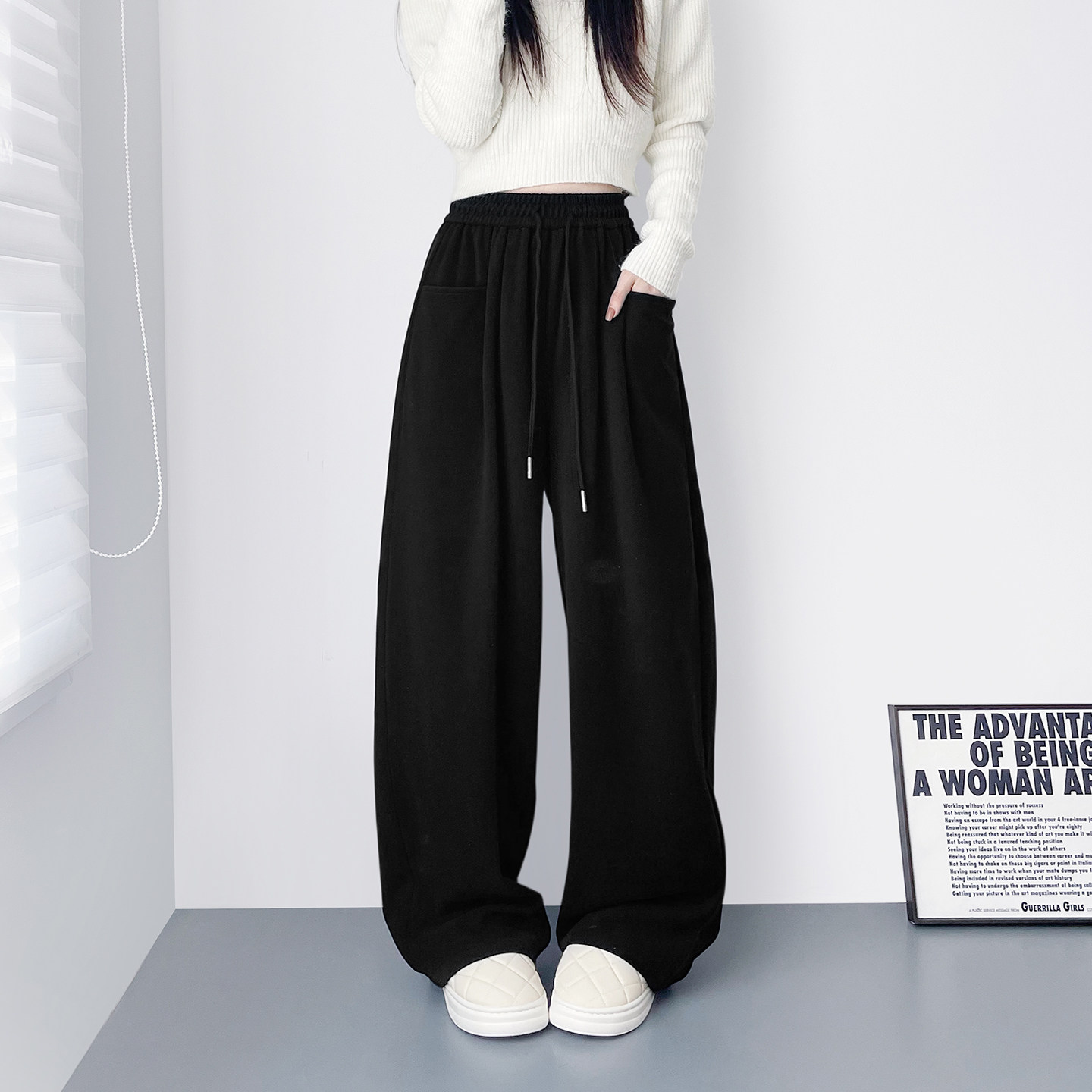 大码窄版仿羊绒云朵阔腿裤裤女冬季胖mm显瘦垂感慵懒风运动弯刀裤,淘宝优惠券,粉丝福利购,淘宝优惠卷