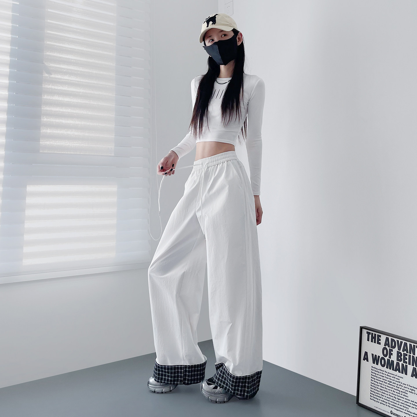 大码慵懒风裤脚拼接阔腿裤女早春胖mm显瘦遮肉宽松垂感运动休闲裤,淘宝优惠券,粉丝福利购,淘宝优惠卷