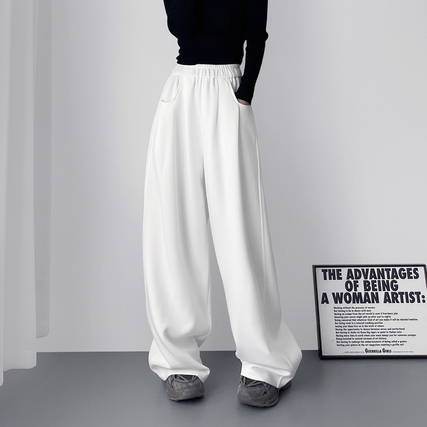 白色加绒慵懒风软糯阔腿裤女冬季新款大码胖mm宽松显瘦垂感休闲裤,淘宝优惠券,粉丝福利购,淘宝优惠卷