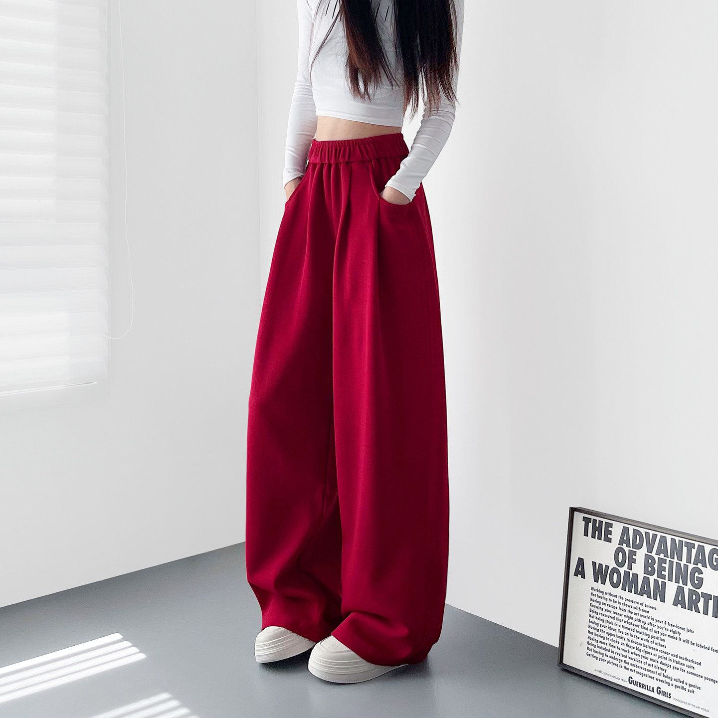 大码红色慵懒风梨型身材显瘦阔腿裤女秋季胖mm加绒松弛感运动长裤,淘宝优惠券,粉丝福利购,淘宝优惠卷