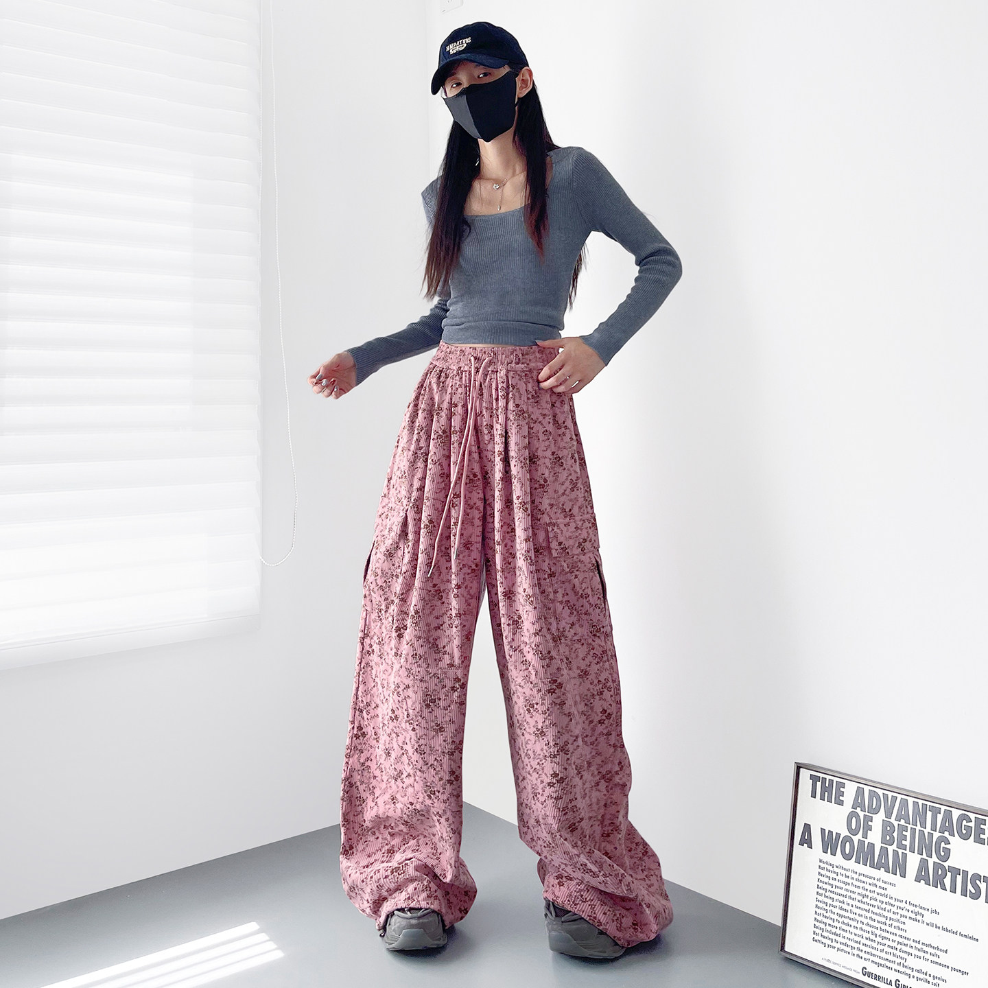 大码粉色高腰碎花工装裤女2026春季新款胖mm显瘦慵懒风休闲阔腿裤,淘宝优惠券,粉丝福利购,淘宝优惠卷