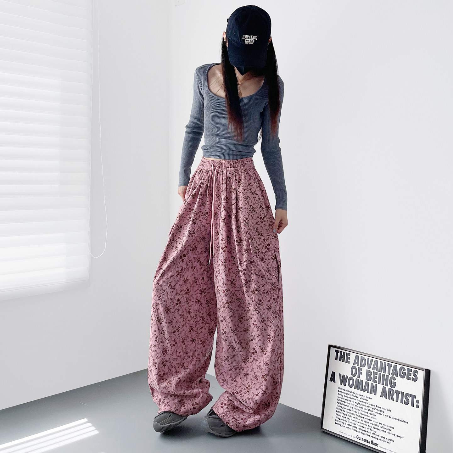 大码粉色高腰碎花工装裤女2026春季新款胖mm显瘦慵懒风休闲阔腿裤,淘宝优惠券,粉丝福利购,淘宝优惠卷