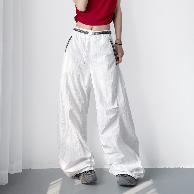 白色不透腰部格子拼接阔腿裤女夏季大码胖mm冰丝速干设计感运动裤,淘宝优惠券,粉丝福利购,淘宝优惠卷