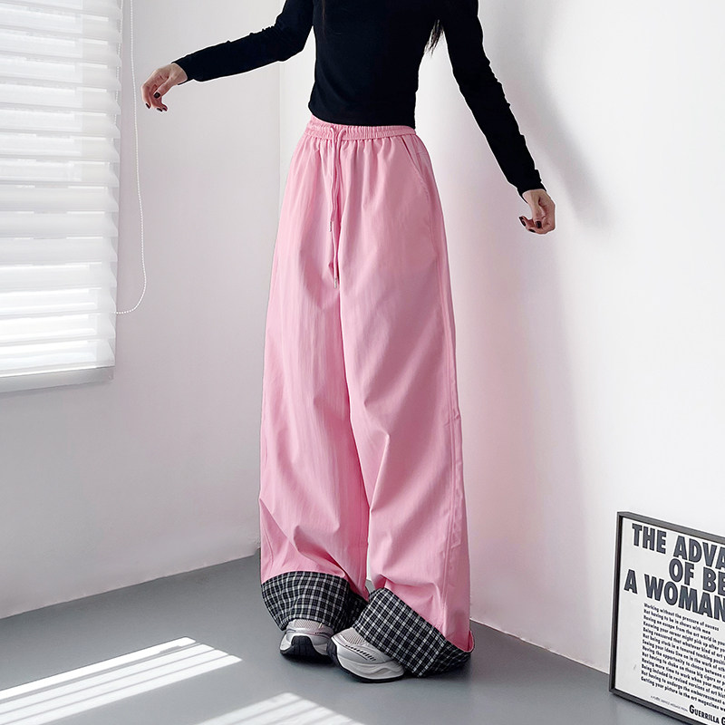 高腰格子拼接裤脚阔腿裤女2025秋季新款大码胖mm松弛感休闲直筒裤,淘宝优惠券,粉丝福利购,淘宝优惠卷