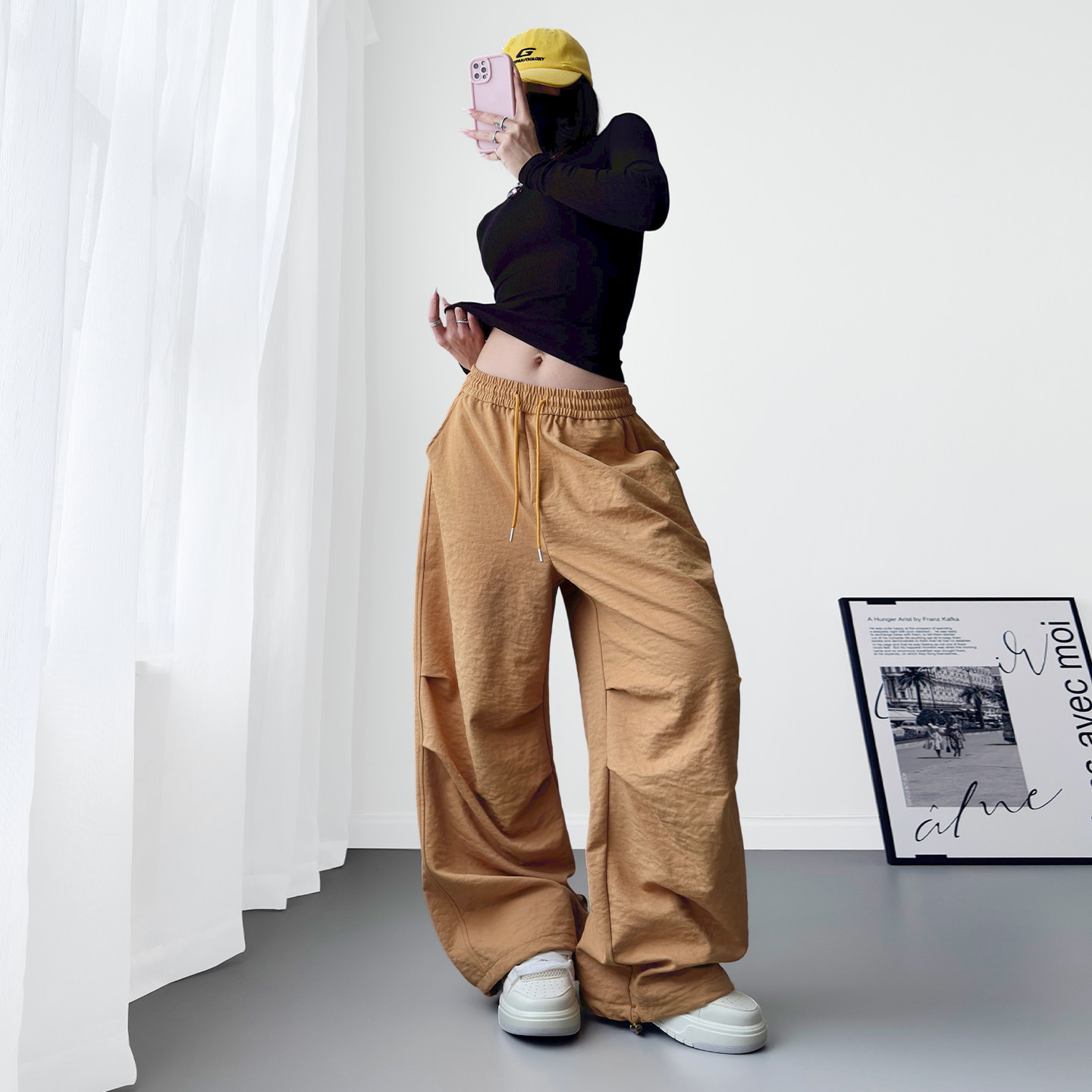 高腰肌理感压褶运动裤女2025秋季流行爆款大码胖mm显瘦慵懒阔腿裤,淘宝优惠券,粉丝福利购,淘宝优惠卷