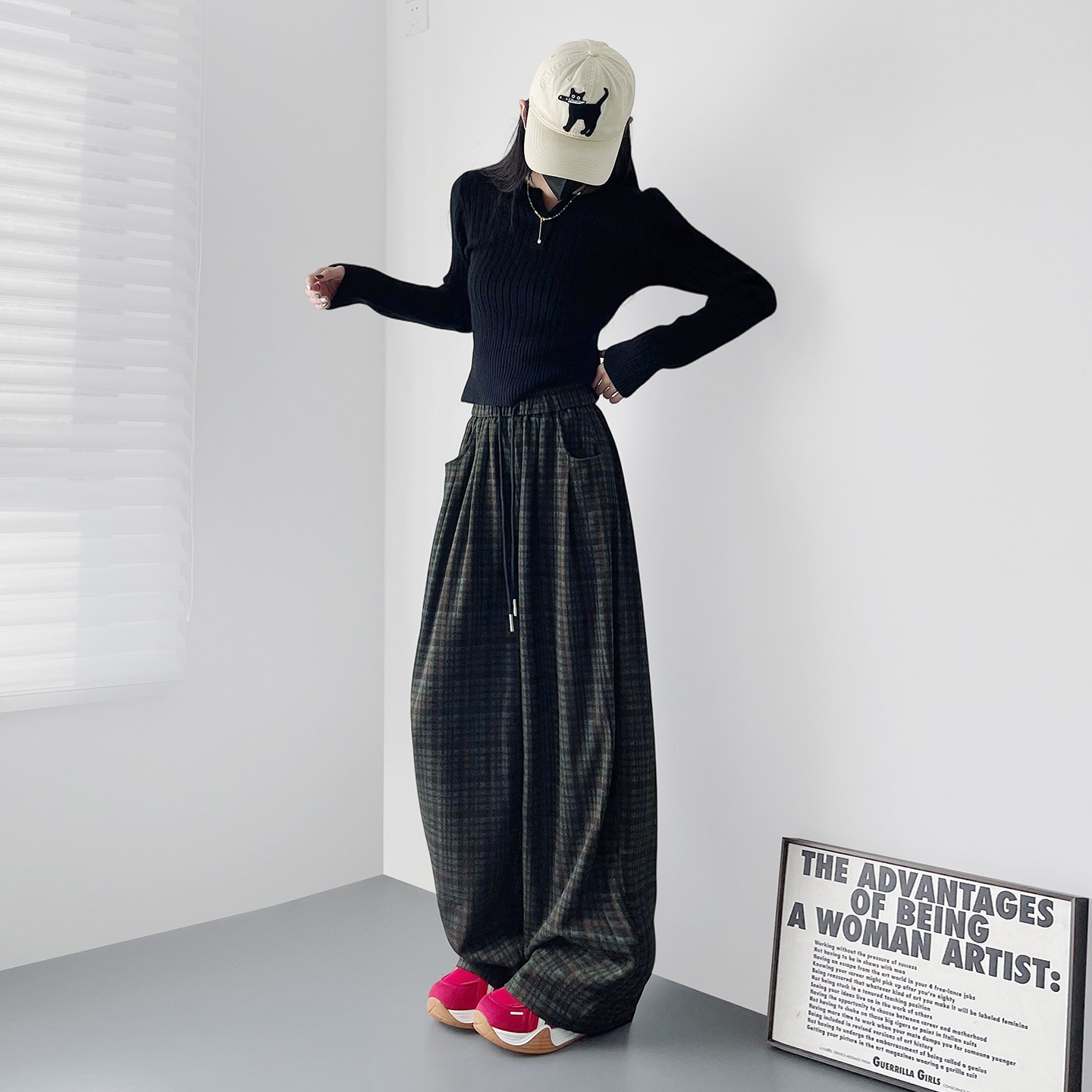 大码格子阔腿裤女冬季高腰垂感软糯堆堆裤胖mm显瘦加厚防风香蕉裤,淘宝优惠券,粉丝福利购,淘宝优惠卷