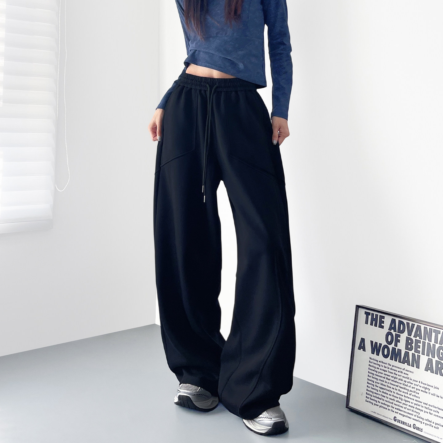 大码美式黑色弯刀裤女2025春季新款胖mm显瘦宽松小个子运动阔腿裤,淘宝优惠券,粉丝福利购,淘宝优惠卷