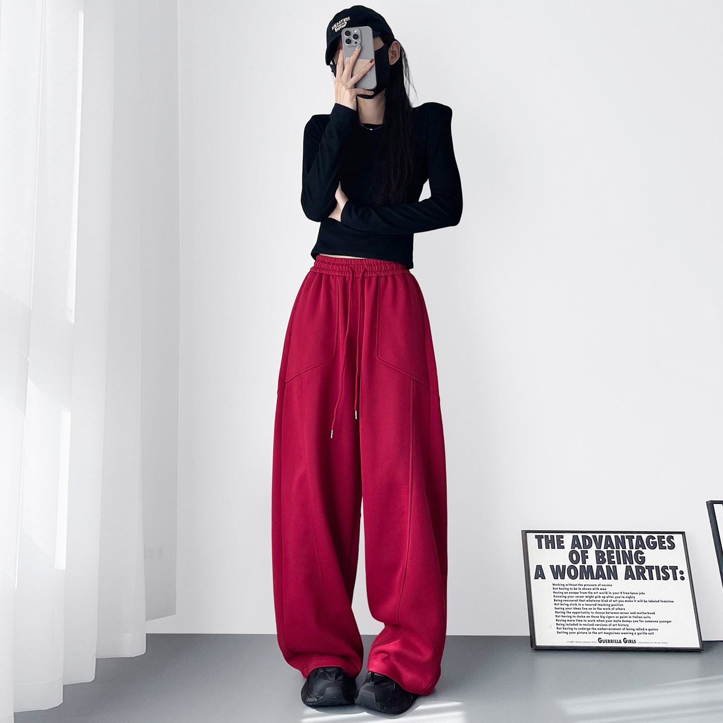 大码美式黑色弯刀裤女2025春季新款胖mm显瘦宽松小个子运动阔腿裤,淘宝优惠券,粉丝福利购,淘宝优惠卷