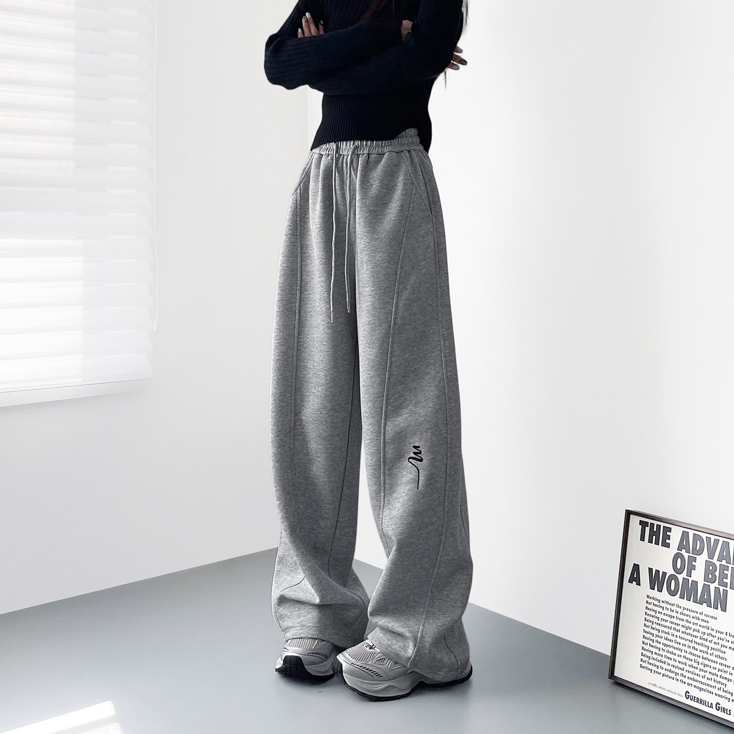 大码浅花灰设计感运动卫裤女2025冬季潮流新款胖mm显瘦遮肉阔腿裤,淘宝优惠券,粉丝福利购,淘宝优惠卷