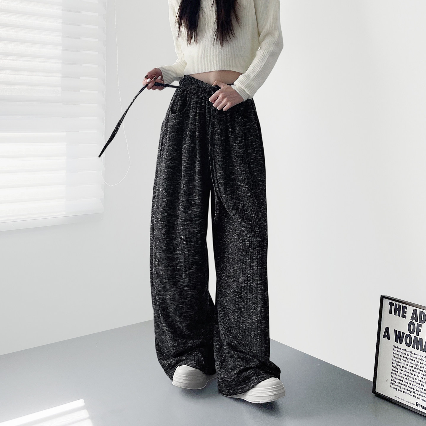 高腰慵懒风编织设计感阔腿裤女冬季新款大码胖mm显瘦藏肉休闲裤子,淘宝优惠券,粉丝福利购,淘宝优惠卷
