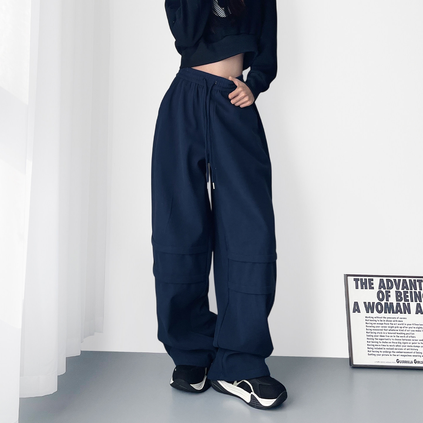 大码藏青色直筒工装裤女冬季新款胖mm显瘦松弛感加绒运动阔腿裤子,淘宝优惠券,粉丝福利购,淘宝优惠卷