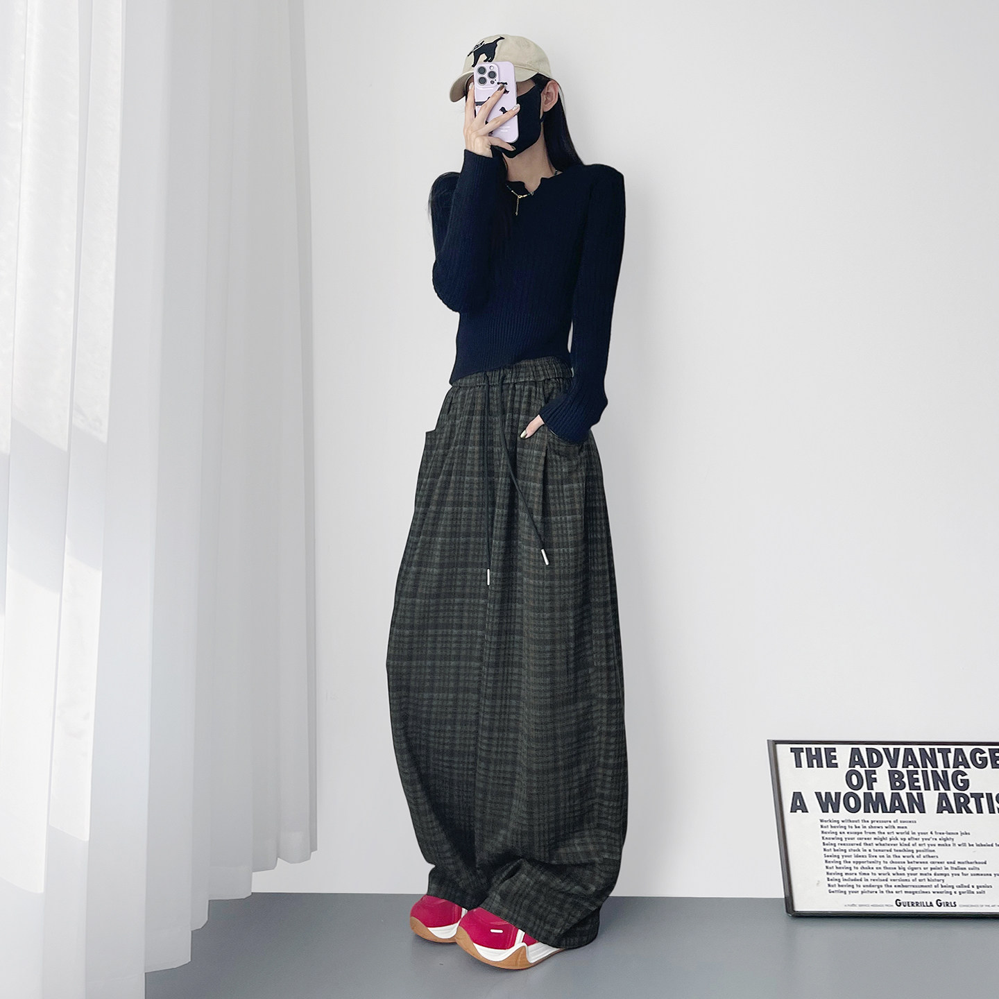 大码格子阔腿裤女冬季高腰垂感软糯堆堆裤胖mm显瘦加厚防风香蕉裤,淘宝优惠券,粉丝福利购,淘宝优惠卷