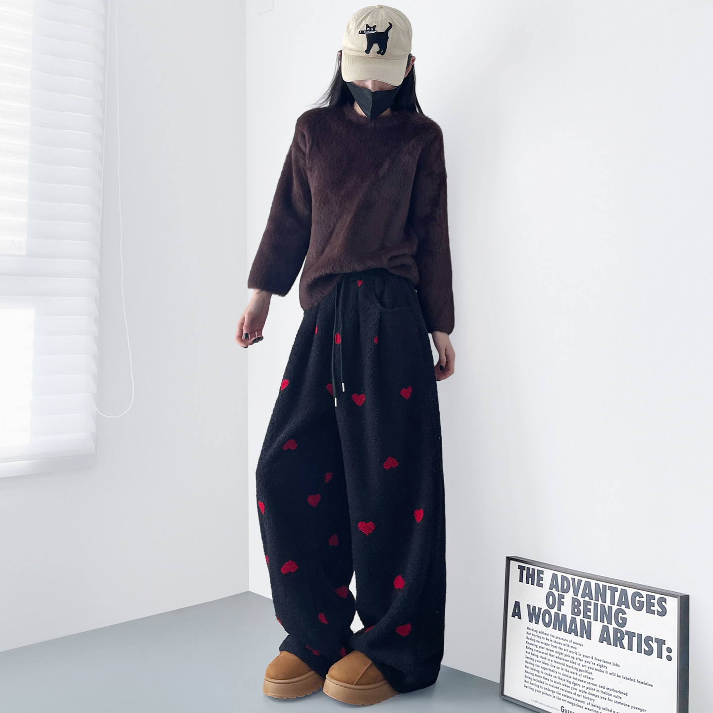 大码爱心印花羊羔毛软糯奶芙阔腿裤女冬季胖mm显瘦加绒保暖香蕉裤,淘宝优惠券,粉丝福利购,淘宝优惠卷